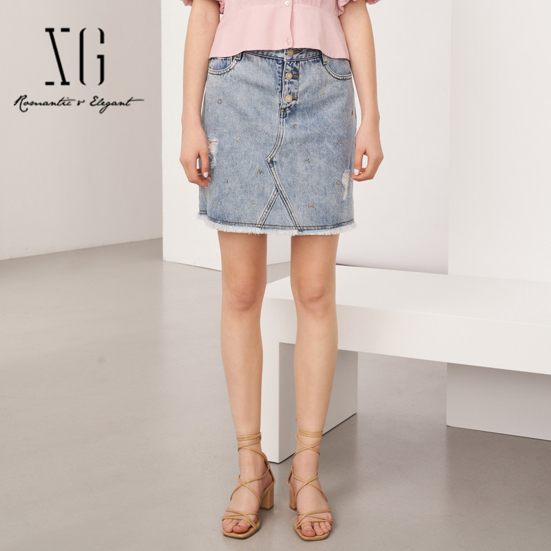 雪歌牛仔半身裙女2022夏季新款破洞做旧设计包臀裙xh203012a419