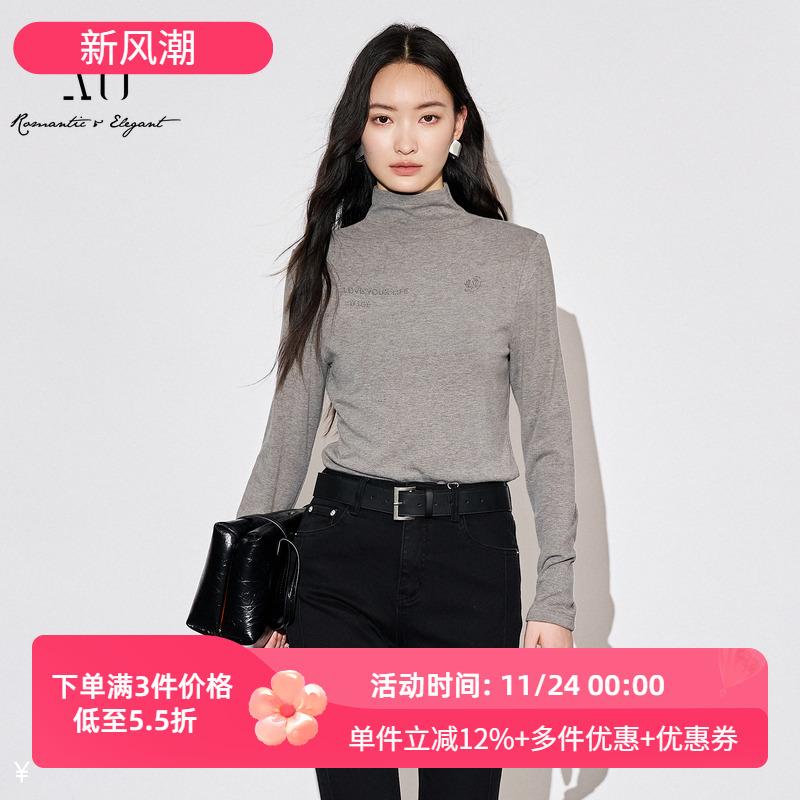 XG雪歌25秋格雷系通勤修身百搭烫钻半高领长袖T恤女XL301591A884