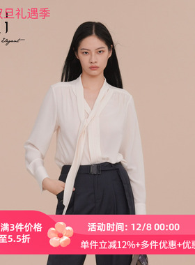 XG雪歌飘带领衬衫女2025春新款通勤白衬衣叠搭上衣XK121017A191