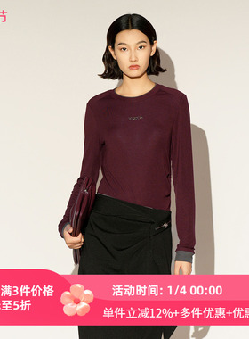 XG/雪歌26年春季新款酒红色圆领长袖针织衫女打底衫XL101007A115