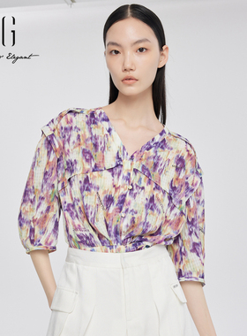 xg雪歌时尚花版V领套头衬衣女24夏新款中袖衬衫上衣XJ221007B198