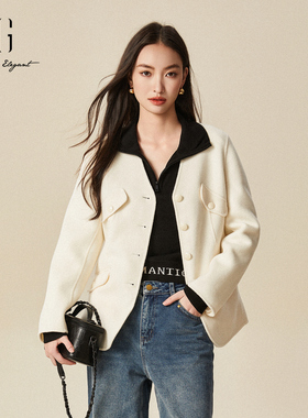 雪歌2024冬季新款通勤时尚米白色保暖长袖毛呢外套女XJ410065A191