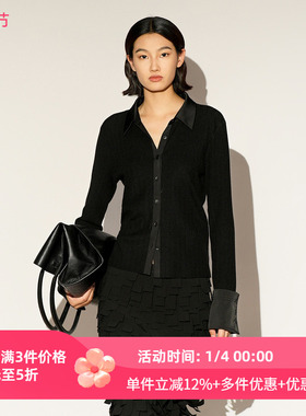 XG/雪歌26春黑色翻领针织开衫女袖纽扣毛衣外搭显瘦XL111006A190