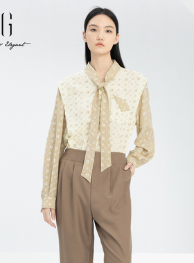 xg雪歌正品字母花衬衫女长袖通勤2024春新款休闲上衣XJ121021B297