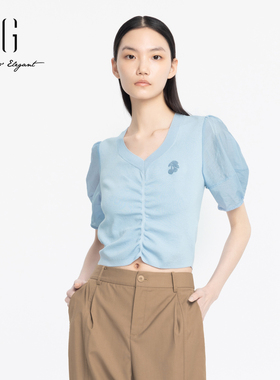 xg雪歌2024夏新款微泡泡袖V领压褶减龄短袖针织衫女XJ211008A521