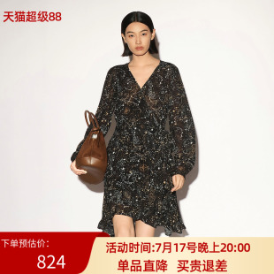 XG/雪歌26秋淑女风V领碎花长袖收腰气质显瘦连衣裙女XL304010B396