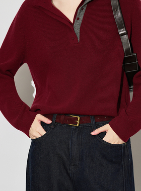 XG/雪歌2025年冬季新款翻领假两件针织衫女毛衣上衣XL411623A815