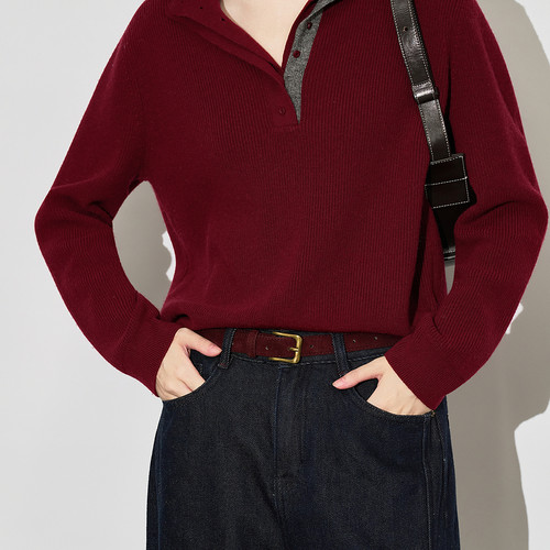 XG/雪歌2025年冬季新款翻领假两件针织衫女毛衣上衣XL411623A815