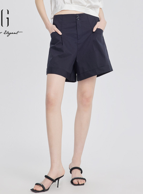 xg雪歌黑色高腰直筒裤女通勤2024夏季新款休闲短裤XJ202040A228