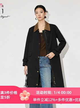 XG/雪歌25年秋季新款翻领撞色中长款拉链风衣外套女XK308005A690