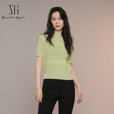 XG雪歌小众圆领镂空短袖针织衫女2025夏新款套头上衣XK211027A985