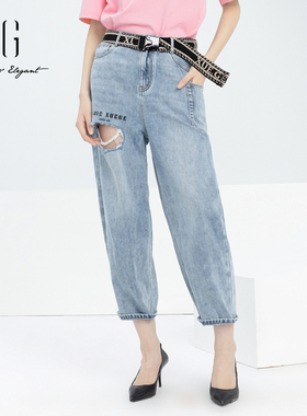 雪歌正品破洞设计牛仔裤女高腰2024春休闲新款九分裤XJ102017A319