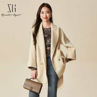 毛呢外套女XJ410040A291 米白色系带收腰中长款 XG雪歌2024冬季 新款