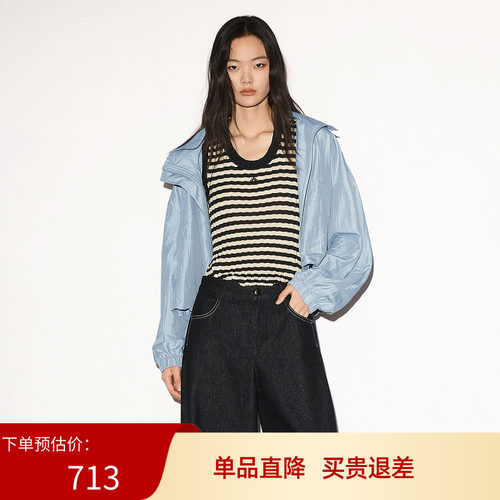 XG雪歌浅蓝色大翻领长袖短外套2026秋季新款休闲女装XL307007A220