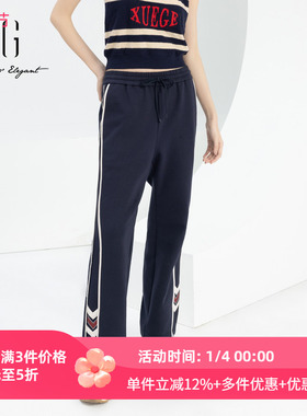 xg雪歌纯棉休闲裤女松紧腰2024春新款撞色直筒裤子XJ102001A128