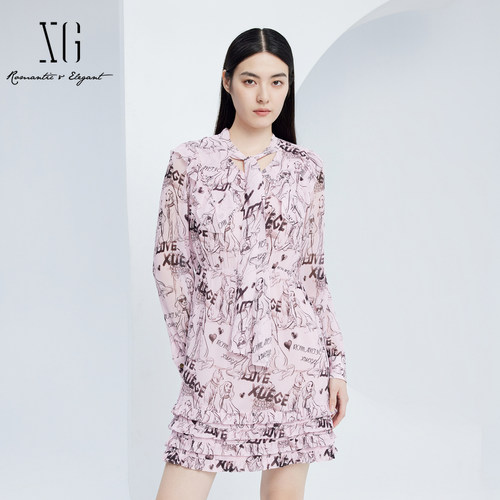 xg雪歌通勤淑女长袖连衣裙