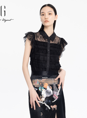xg雪歌黑色蕾丝衬衫女Polo领2024夏季新款复古上衣XJ221018A790