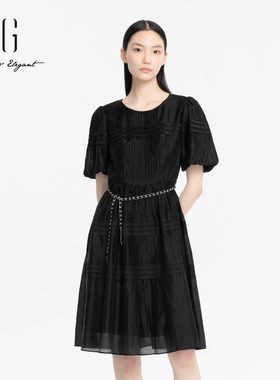 xg雪歌黑色连衣裙女通勤高腰2024夏季新款休闲中长裙XJ204035A690