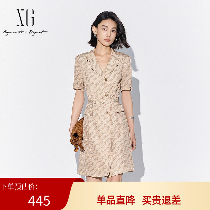 XG/雪歌印花设计短袖连衣裙2025夏季新款衬衫A字裙女XK204008B291