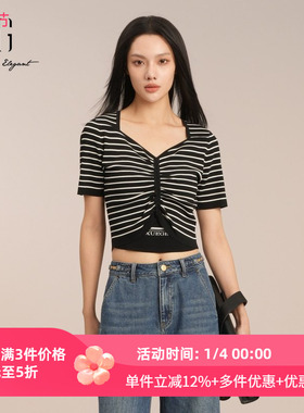 XG雪歌25夏款吸睛黑白条纹抽褶套头针织衫女短袖上衣XK211011B199