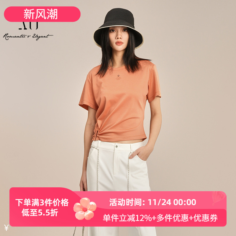 XG/雪歌2025夏季新款褶皱收腰显瘦圆领短袖T恤女上衣XK201029A533