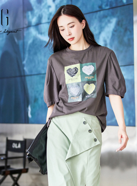 xg雪歌正品印花短袖T恤女套头2024春季新款休闲上衣XJ101023A681