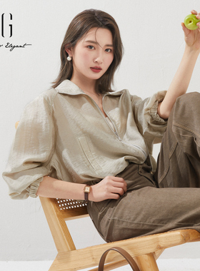 雪歌2024夏季新款钉珠点短款宽松简约薄款长袖外套女XK207598A840