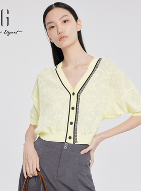xg雪歌温柔提花V领针织衫女2024夏新款短袖开衫上衣XJ211020A130