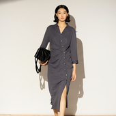 雪歌26春通勤风衬衫 连衣裙女收腰显瘦开叉中长裙XL104014A484