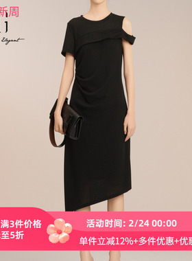 雪歌露肩设计不规则连衣裙2025夏季新款短袖中长裙女XK204030A290