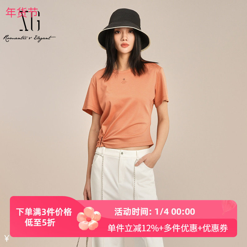 XG/雪歌2025夏季新款褶皱收腰显瘦圆领短袖T恤女上衣XK201029A533