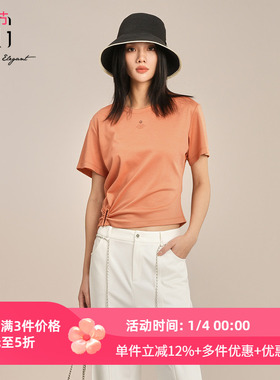 XG/雪歌2025夏季新款褶皱收腰显瘦圆领短袖T恤女上衣XK201029A533