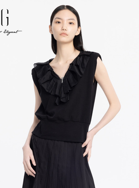 雪歌2024夏法式荷叶边拼接显瘦V领干练垫肩无袖T恤女XJ201019A690