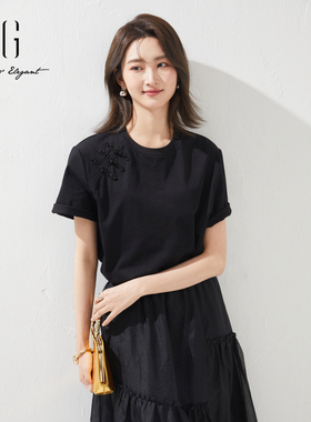 XG雪歌2024夏季新款中式盘扣显瘦正肩松弛T恤女短袖XK201626A884