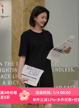 XG雪歌个性口袋黑色短袖T恤裙女25夏新款宽松连衣裙XK204091A990