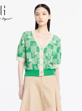 xg雪歌正品复古针织衫女V领2024夏季新款开襟毛衫XJ211001B641