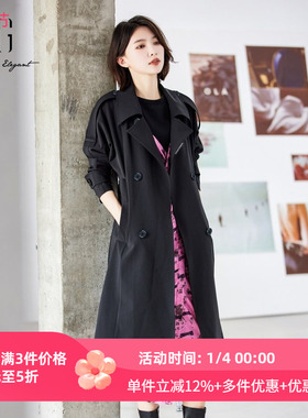 XG雪歌2025春季新款时尚简约黑色长款翻领长袖风衣女XJ108008A390