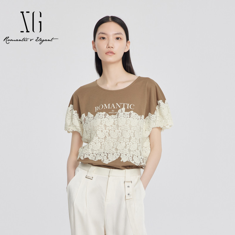 xg雪歌咖色T恤女短袖拼接2024夏季新款休闲正品上衣XJ221043B509