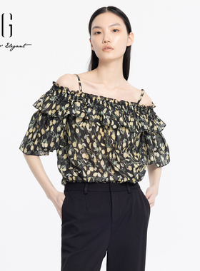 xg雪歌花色条带衬衫女复古2024夏季新款通勤套头上衣XJ221025B397