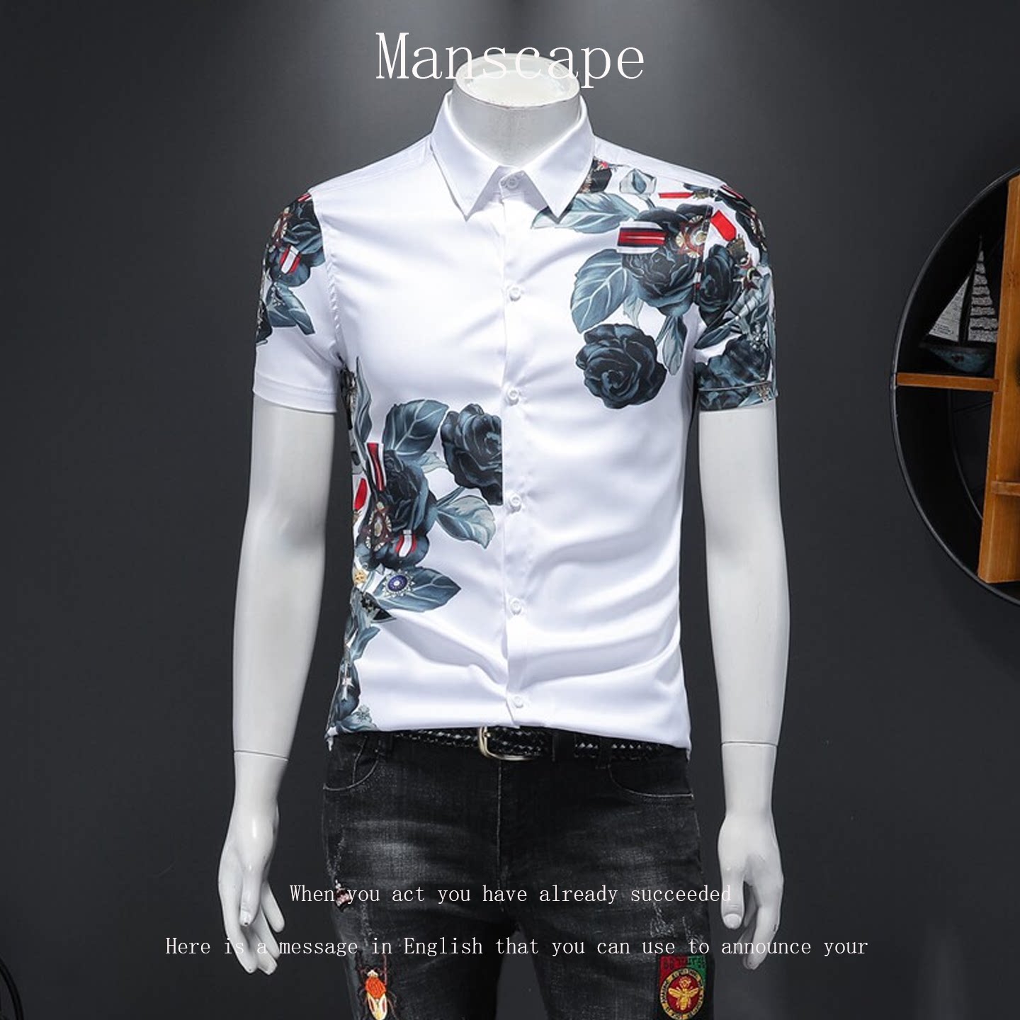 轻奢短袖印花衬衫男士夏季新款韩版潮流修身休闲大码衬衣打底上衣