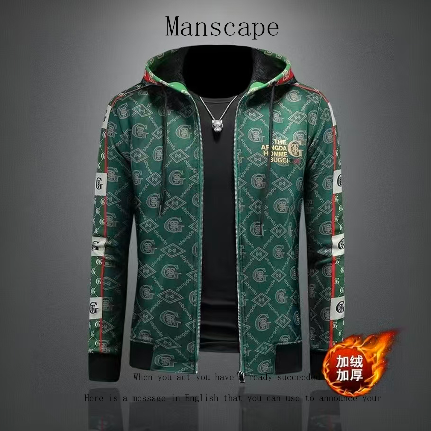 轻奢2025新款冬季加绒加厚连帽开衫卫衣男士潮流时尚印花拉链外套