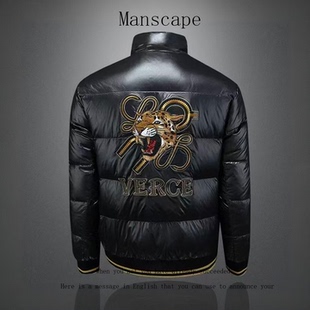 轻奢2025新男款刺绣90白鸭羽绒服男立领修身潮牌外套冬季加厚黑色