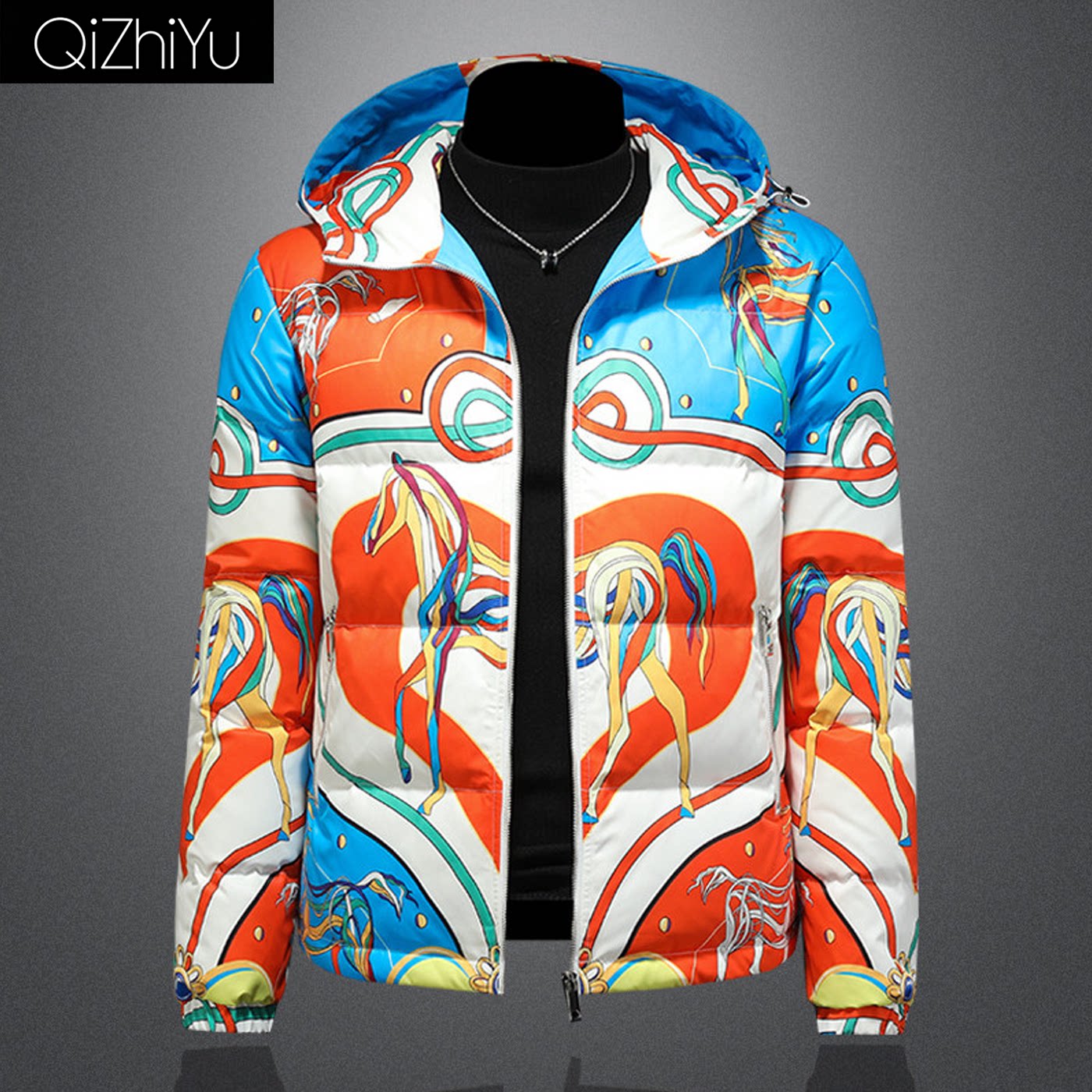 轻奢高级感个性印花连帽羽绒服男士2026冬季高品质保暖休闲潮外套