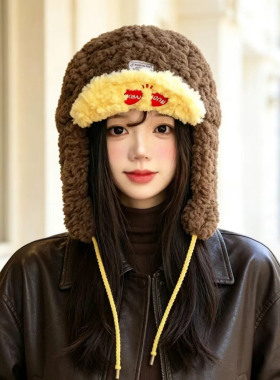 撞色羊羔毛绒雷锋帽女秋冬季可爱显脸小保暖防寒护耳帽子