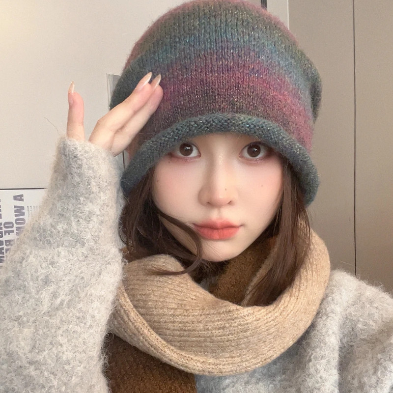 秋冬韩版慵懒风堆堆帽子女彩虹渐变色针织帽显脸小包头冷帽保暖