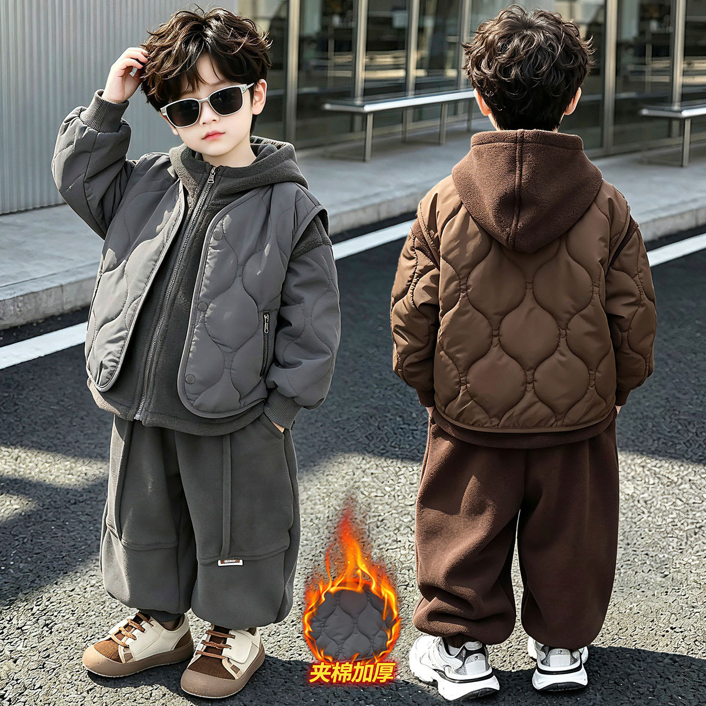 男童马甲三件套加绒加厚秋冬装2026新款儿童冬季棉服韩版帅气童装