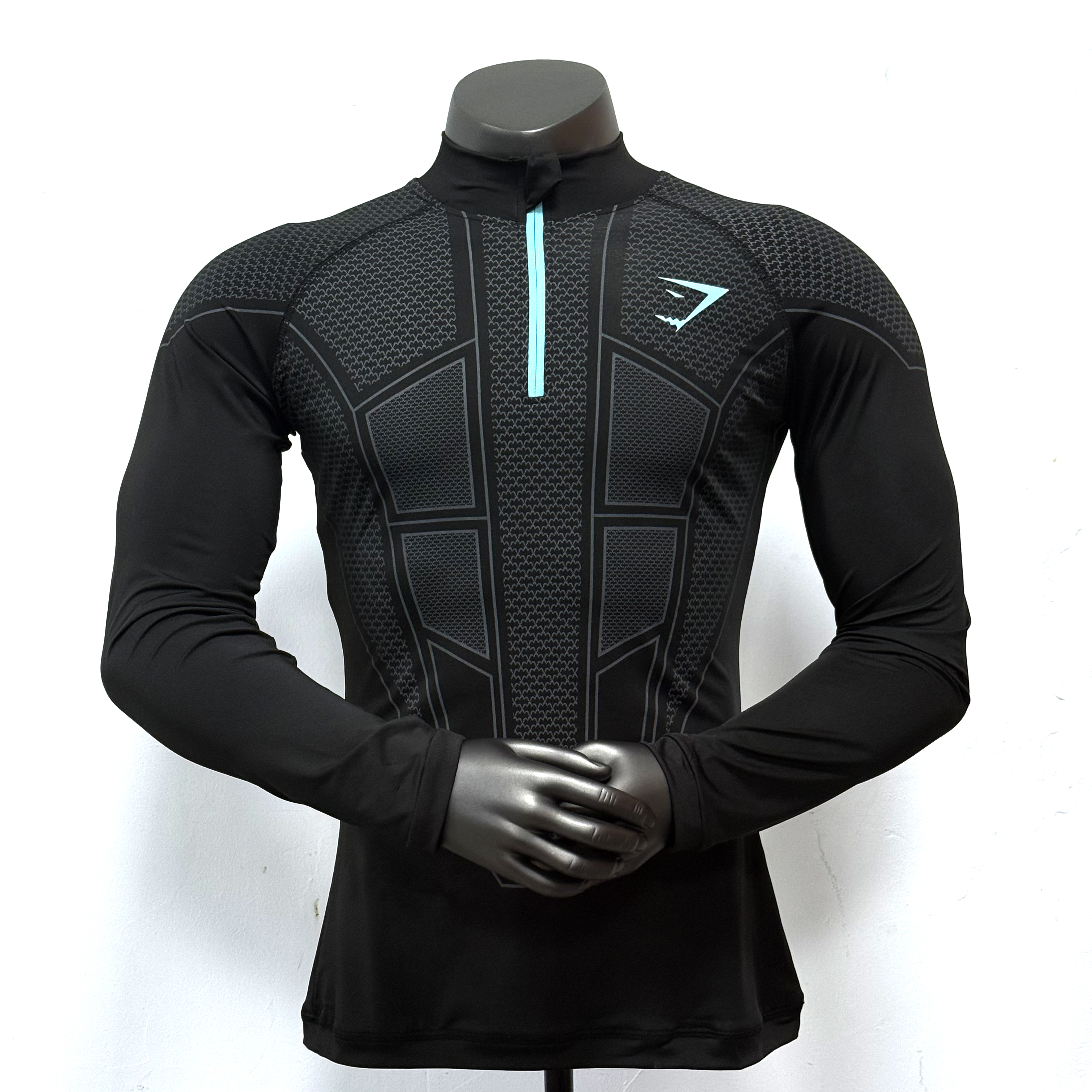 黑色半拉链长袖运动健身骑行服男秋季立领速干弹力修身训练服上衣