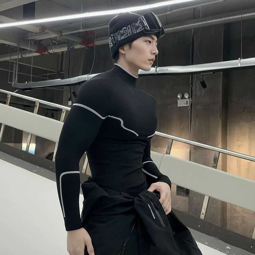 黑色半高领长袖运动T恤男秋冬紧身压缩打底衫健身训练服保暖上衣