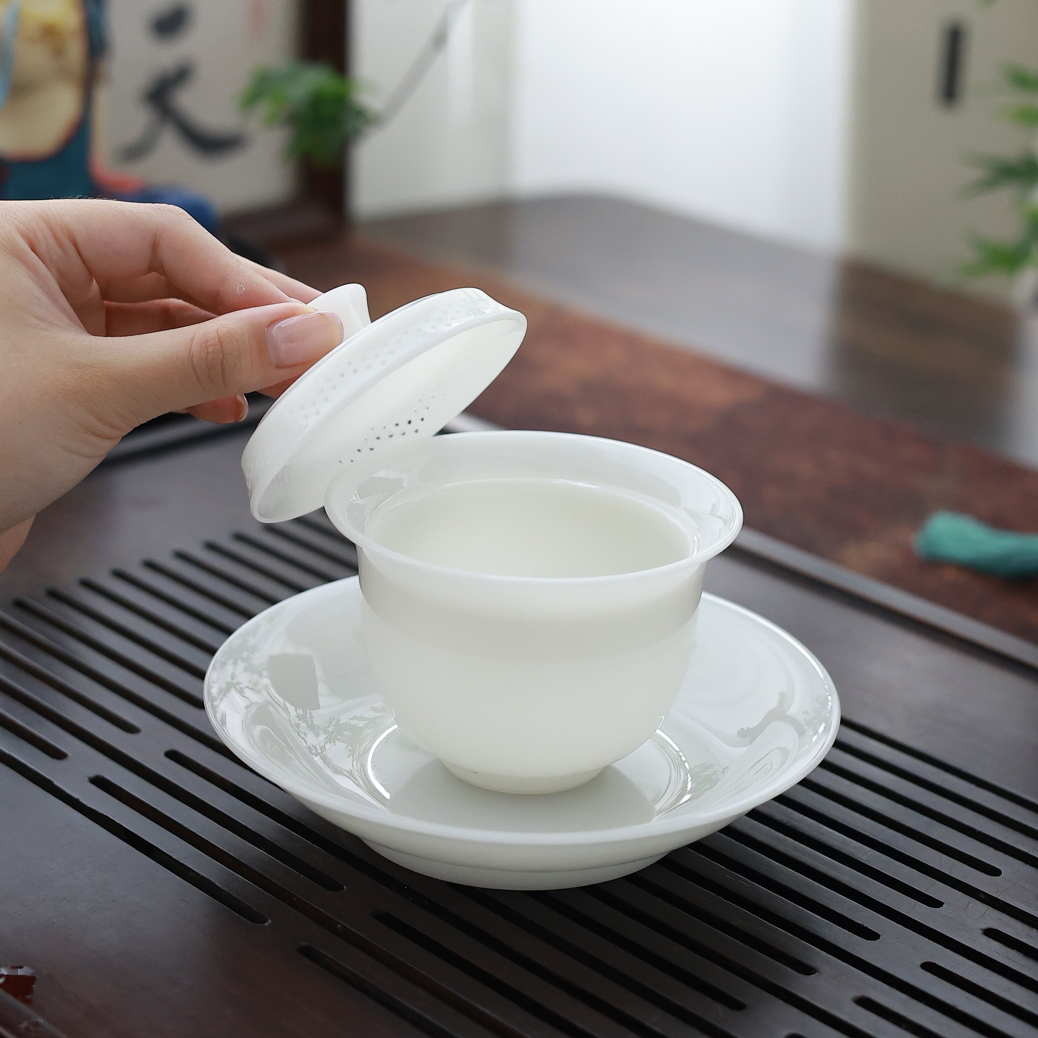 冰种璞玉360度出水盖碗陶瓷白茶岩茶专用功夫茶碗精致高档茶盏