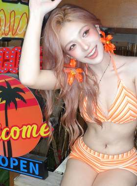 畅宁 新款纯欲少女感条纹比基尼分体泳衣平角裤温泉度假泳装